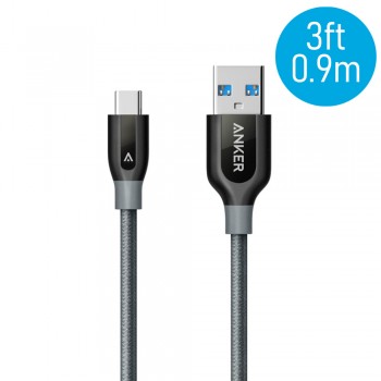 Anker A8168 PowerLine+ 3ft USB-C to USB-A 3.0 Connector Cable - Gray (0.9M)