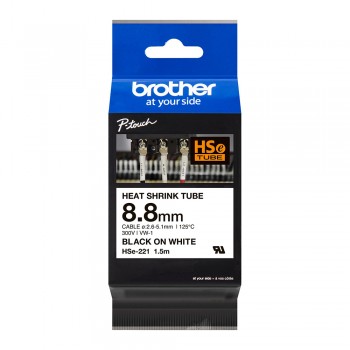 Brother HSe-221 Genuine Heat Shrink Tube, 8.8mm Black on White